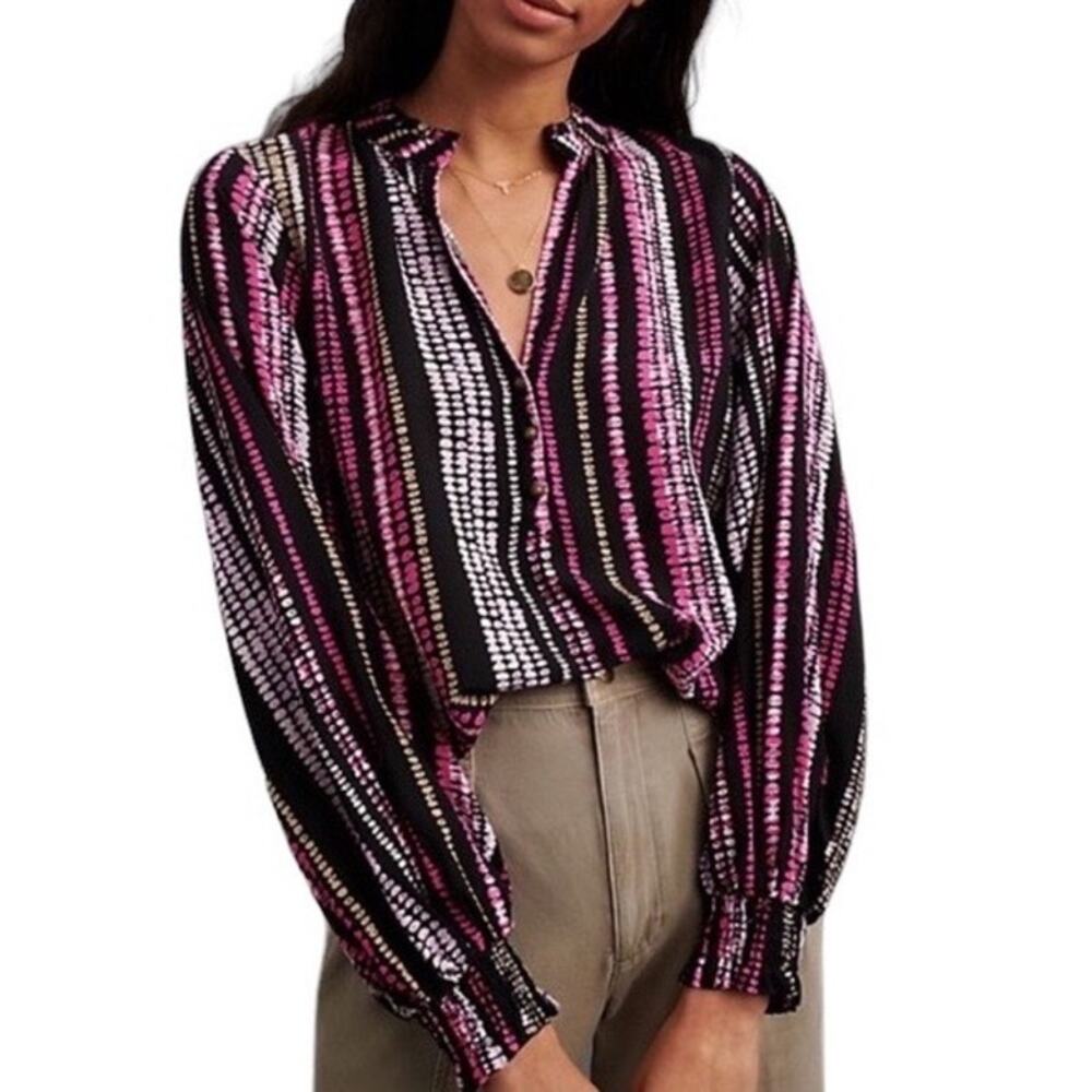 Maeve Anthropologie S The Colette Pink Black Bishop Sleeve Career Top Blouse EUC